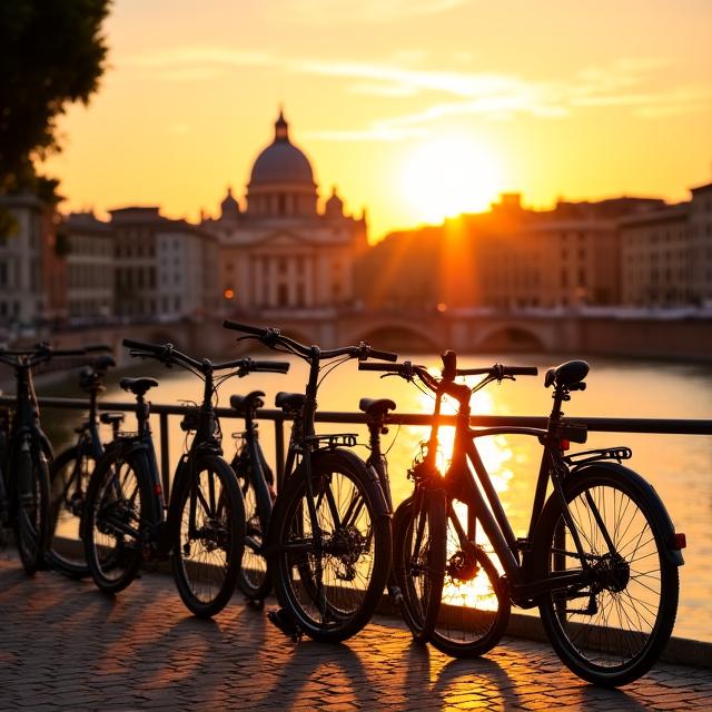 Biciclette lungo il fiume Tevere al tramonto